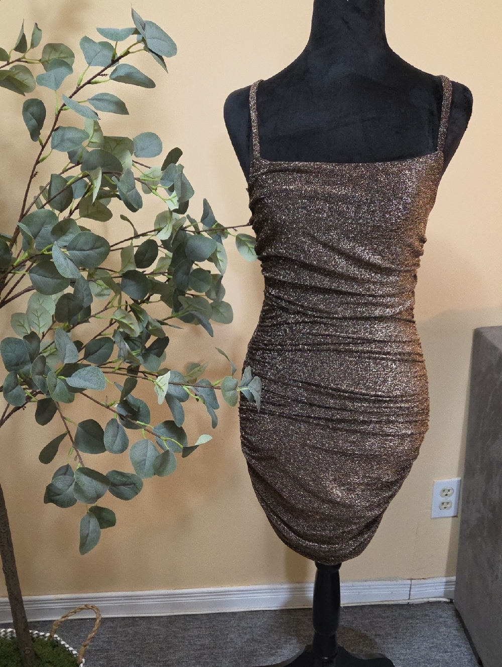 Fashion Nova Metallic Bronze Ruched Mini Dress
